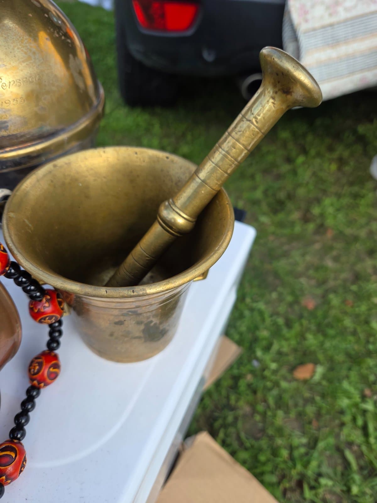 Antik mässing mortel med pistill, apoteksstil 1800-tal