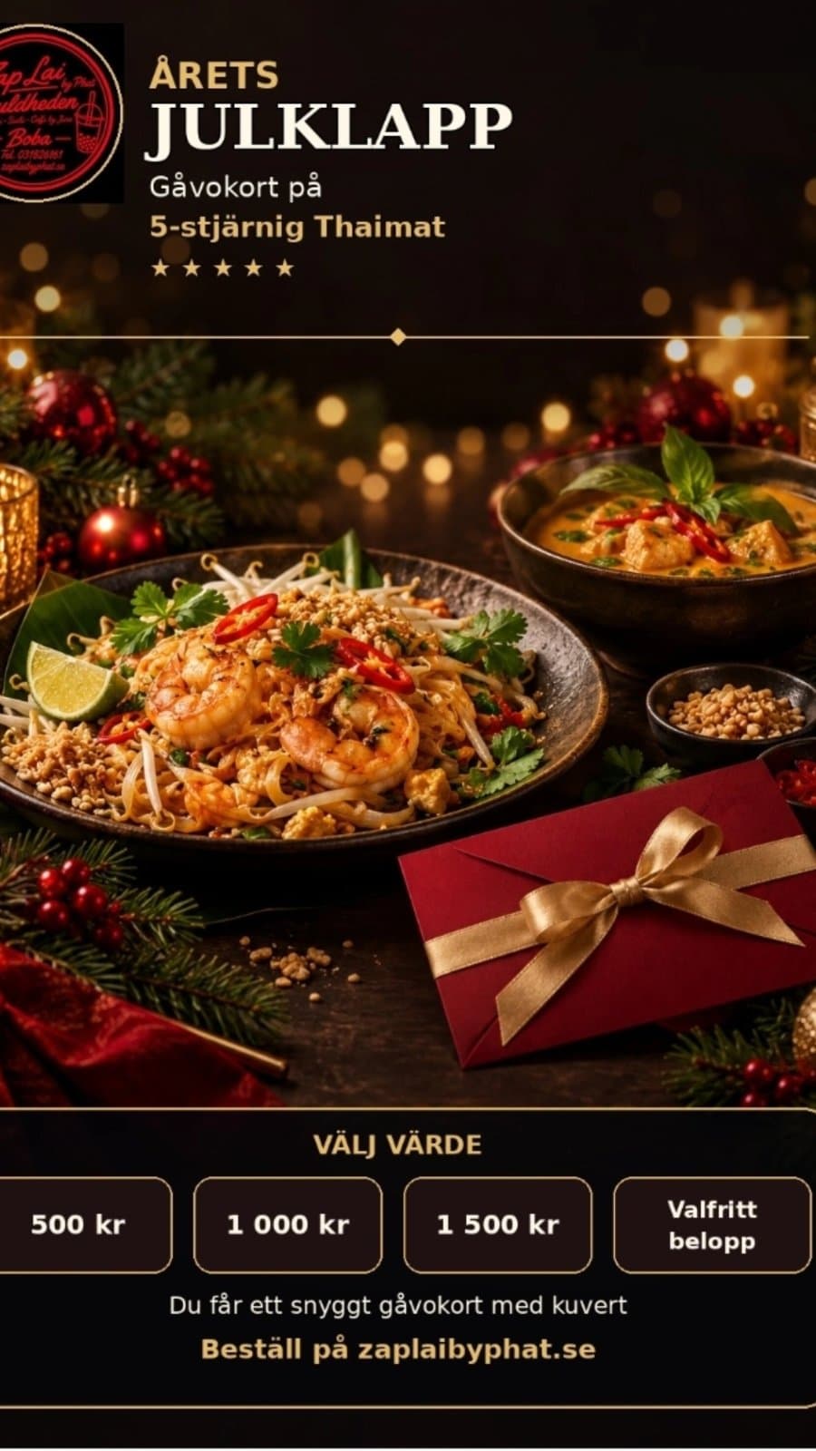 Presentkort 5-stjärnig thaimat Zaplaibyphat julklapp 500-1500 kr